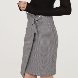 Houndstooth print high waist faux wrap skirt